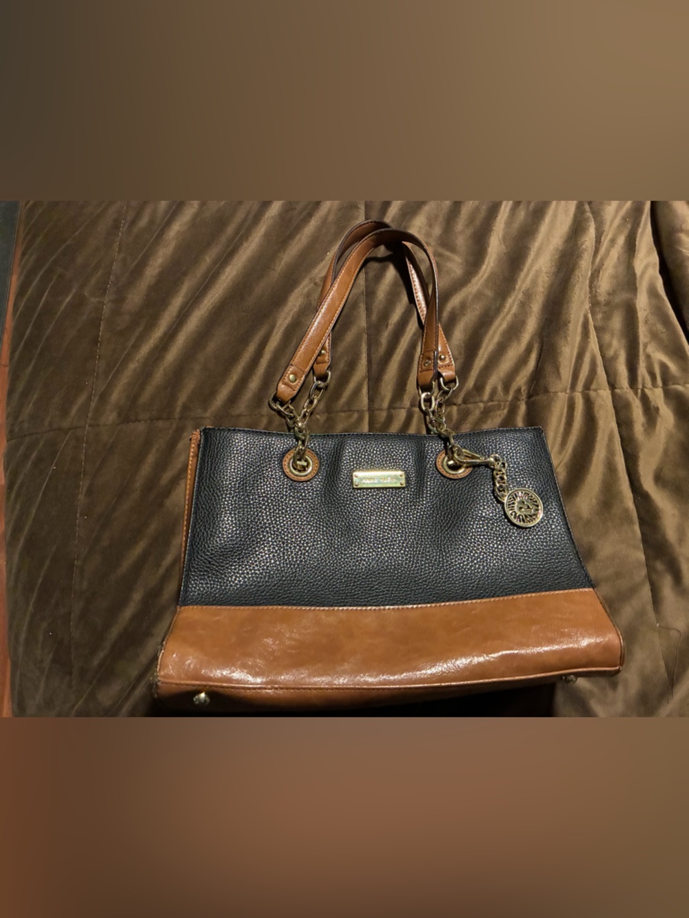 Two-Tone Black and Brown Leather Tote Bag by Anne Klein